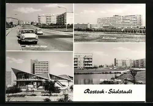 AK Rostock-Südstadt, Otto-Nuschke-Strasse, Krankenhaus und Restaurant Kosmos