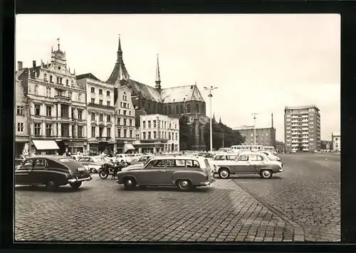 AK Rostock, Markt mit Marienkirche und Hochhaus