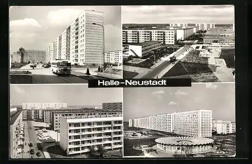 AK Halle-Neustadt, vier Ansichten mit Neubaublöcken