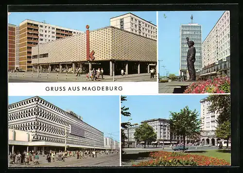 AK Magdeburg, Kinderkaufhaus in der Karl-Marx-Strasse, Erich-Weinert-Denkmal u. Haus d. Lehrers, Centrum-Warenhaus