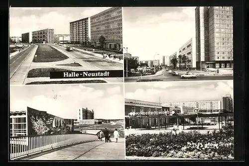 AK Halle-Neustadt, Vier Ansichten mit Wohnblöcken