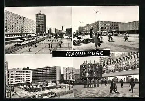 AK Magdeburg, Karl-Marx-Strasse - Centrum-Warenhaus, Ratswaageplatz, Glasbetonplastik am Warenhaus