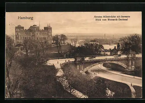 AK Hamburg-St.Pauli, Kersten-Miles-Brücke mit Seewarte vom Bismarckdenkmal gesehen