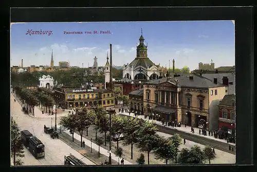 AK Hamburg-St. Pauli, Panorama mit Strassenbahnen