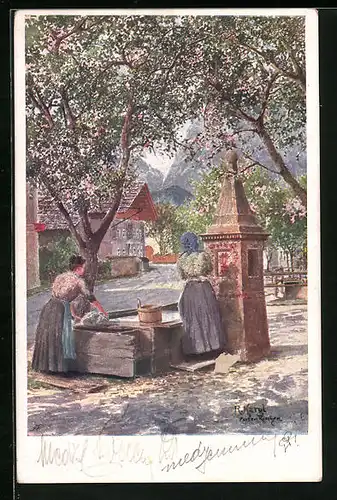 Künstler-AK sign. R. Kargl: Partenkirchen, Waschfrauen am Wasserbrunnen