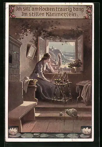 Künstler-AK sign. A. Untersberger: Es blickt so still der Mond mich an., Volksliederkartenserie, Nr. 83