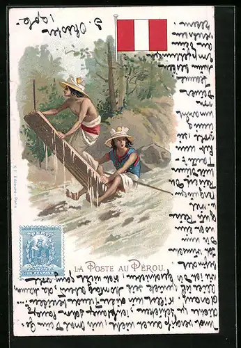 AK La Poste au Pérou, Briefträger auf einem Brett im reissenden Fluss, Flagge