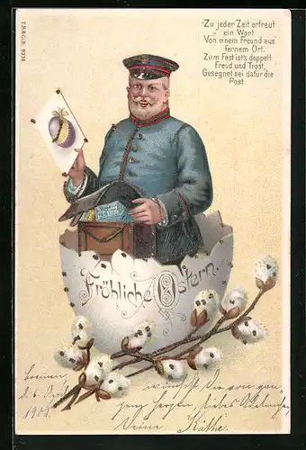 AK Briefträger mit Posttasche in einer Eierschale, Fröhliche Ostern