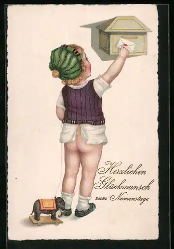 AK Mädchen mit nacktem Po wirft Post in den Briefkasten, Glückwunsch zum Namenstag