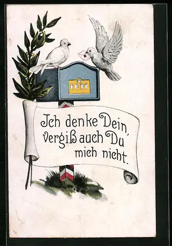 AK Ich denke Dein, vergiss auch Du mich nicht., Brieftauben auf einem Briefkasten sitzend