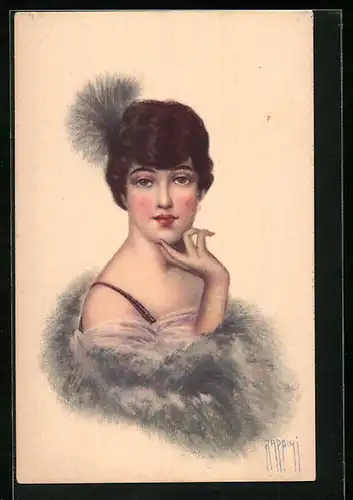 Künstler-AK sign. Rappini: schöne junge Frau mit Federhaarschmuck