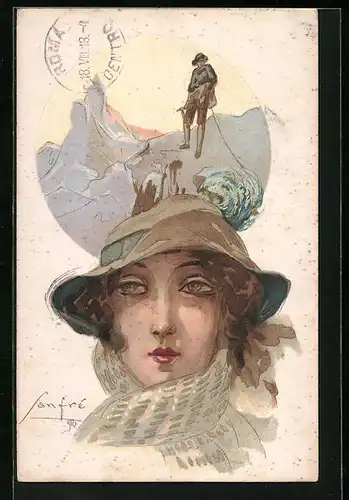 Künstler-AK sign. Sanfre: Frauenportrait mit Hut, Bergsteiger auf einem Gipfel