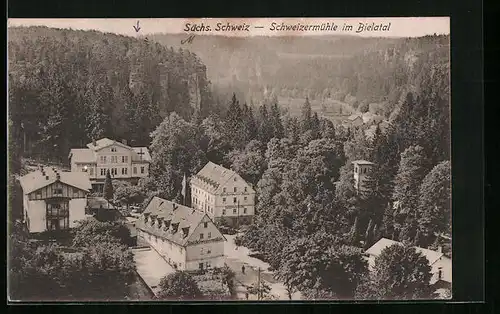 AK Schweizermühle, Teilansicht mit Gasthaus Bad Schweizermühle und Biedermeier-Haus