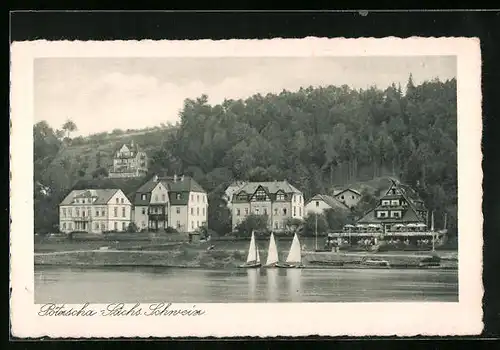 AK Pötzscha / Sächs. Schweiz, Teilansicht vom Fluss gesehen