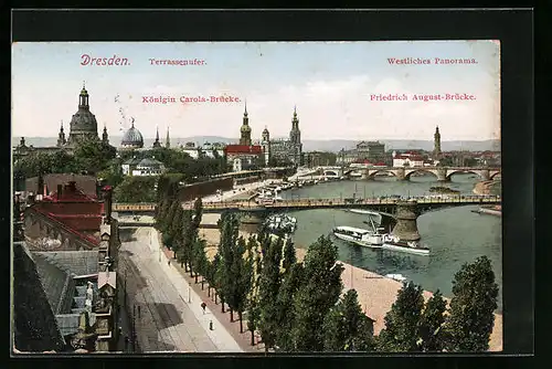 AK Dresden, Terrassenufer mit Königin Carola-Brücke