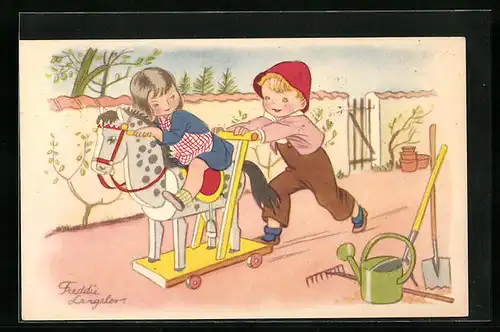 Künstler-AK Freddie Langeler: Kinder spielen im Garten mit einem Anschiebepferd