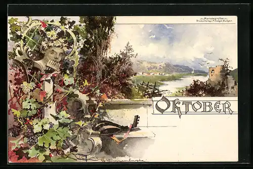 Künstler-AK Theodor Guggenberger: Monat Oktober, Landschaftsbild mit Burgruine, Plastik umringt von Efeu und Blumen