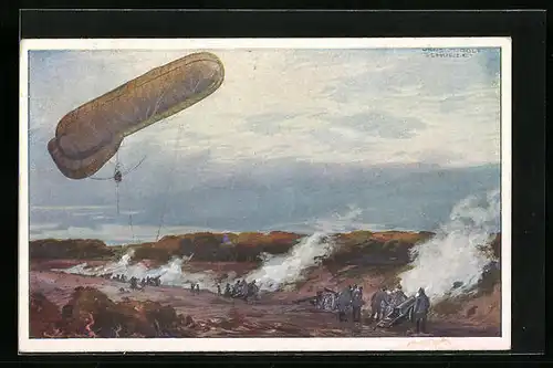 Künstler-AK Hans Rudolf Schulze: Fesselballon, unsere Artilleriewirkung beobachtend
