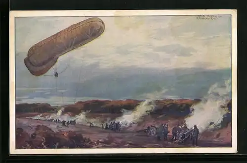 Künstler-AK Hans Rudolf Schulze: Fesselballon, unsere Artilleriewirkung beobachtend