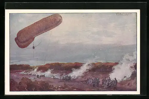 Künstler-AK Hans Rudolf Schulze: Fesselballon, unsere Artilleriewirkung beobachtend