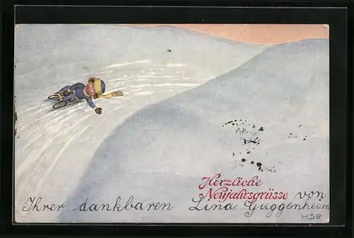 Künstler-AK H.S.B.: Herzliche Neujahrsgrüsse, Knabe rodelt mit einem Schlitten den Berg hinab