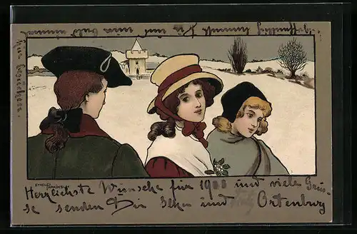 Künstler-AK Ethel Parkinson: Familienausflug in eleganter Kleidung am schneebdeckten Ortsrand