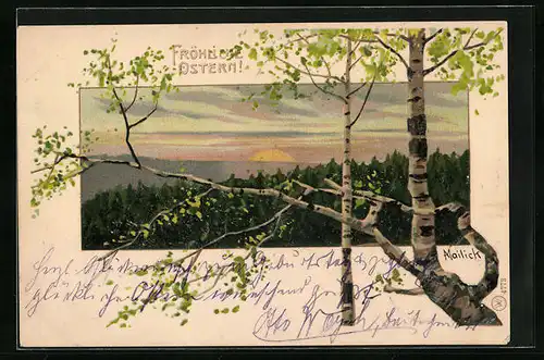 Künstler-AK Alfred Mailick: Fröhliche Ostern, Landschaftsbild mit Sonnenuntergang