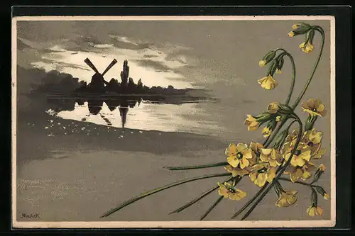 Künstler-AK Alfred Mailick: Landschaftsbild mit Windmühle im Schatten, Blütenzweige