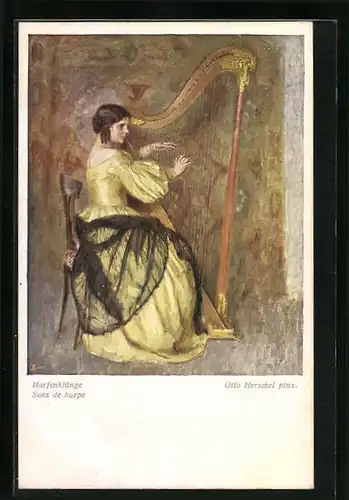 Künstler-AK Otto Herschel: Harfenklänge, Fräulein spielt an einer Harfe