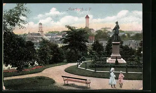 AK Auerbach i. V., Teilansicht mit Bismarckdenkmal