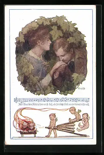 AK Deutscher Schulverein Nr. 906: Kein Feuer, keine Kohle tut brennen so heiss..., Noten- und Textzeile, Liebespaar