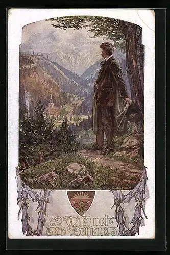 AK Deutscher Schulverein Nr. 1044: Wanderer blickt auf den Ort