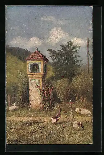 AK Deutscher Schulverein Nr. 1062: Gänse und Enten vor einer Gebetsstelle