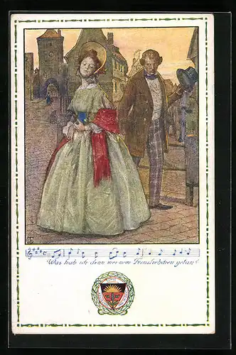 AK Deutscher Schulverein Nr. 40: Was hab ich denn meinem Feinsliebchen getan?, Mann blickt seiner Liebsten nach