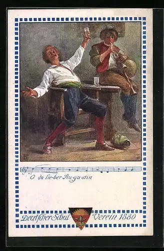 AK Deutscher Schulverein Nr. 377: Oh Du lieber Augustin..., Notenzeile, feiernde Männer