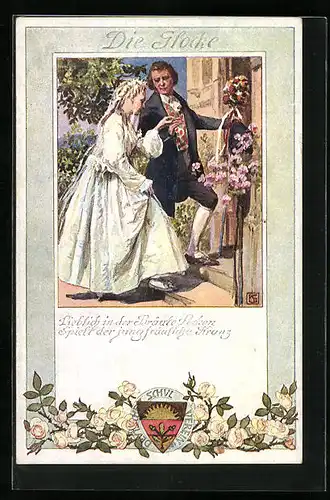 AK Deutscher Schulverein Nr. 194: Die Glocke, Lieblich in der Bräute Locken, spielt der jungfräuliche Kranz, Brautpaar