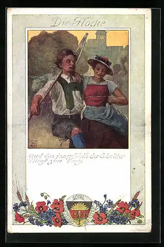 AK Deutscher Schulverein Nr. 199: Die Glocke, Und das junge Volk der Schnitter, fliegt zum Tanz, Bauernpaar