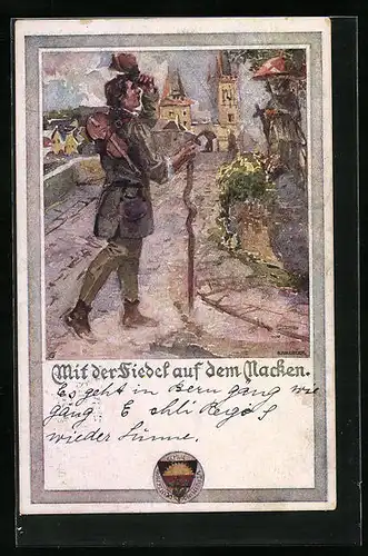 AK Deutscher Schulverein Nr. 441: Mit der Fiedel auf dem Nacken, Wanderer am Ortsrand