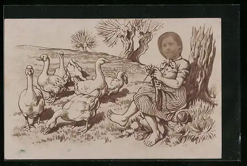 AK Fotomontage, Strickende Frau mit Gänsen sitzt unterm Baum