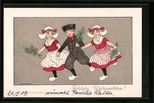 Künstler-AK Florence Hardy: Holländer u. zwei Holländerinnen tanzen, Weihnachtsgruss