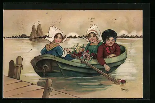 Künstler-AK Florence Hardy: Zwei holländische Frauen und Mann im Boot