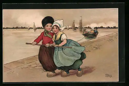 Künstler-AK Florence Hardy: Holländisches Paar in Holzschuhen