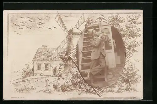 Foto-AK Herr an einer Treppe, Haus und Windmühle, Passepartout