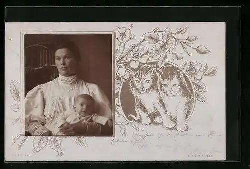 Foto-AK Frau mit einem Baby, Zwei Katzen und Blumen, Passepartout