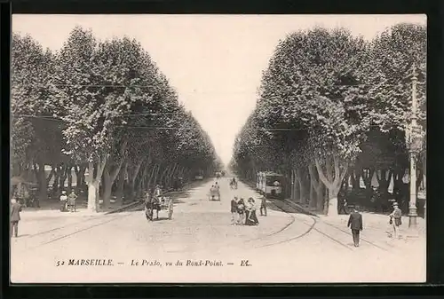 AK Marseille, Le Prado vu du Rond Point, Strassenbahn