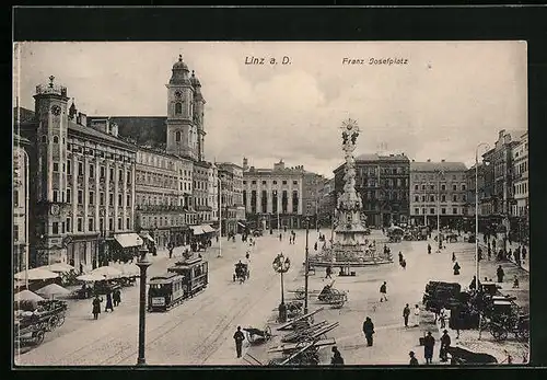 AK Linz a. D., Franz Josefpaltz mit Denkmal und Strassenbahn