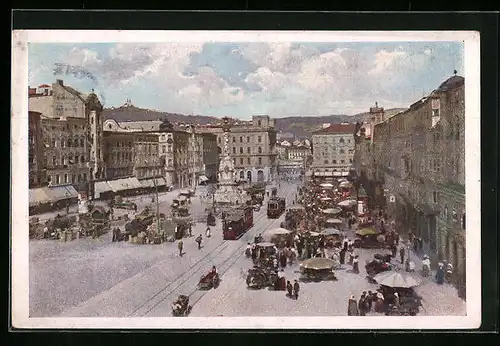 AK Linz a. d. D., Kaiser-Franz-Josef-Platz mit Strassenbahn