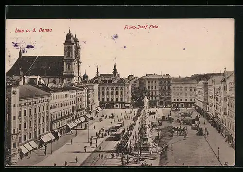 AK Linz a. d. Donau, Franz-Josef-Platz mit Denkmal und Strassenbahn