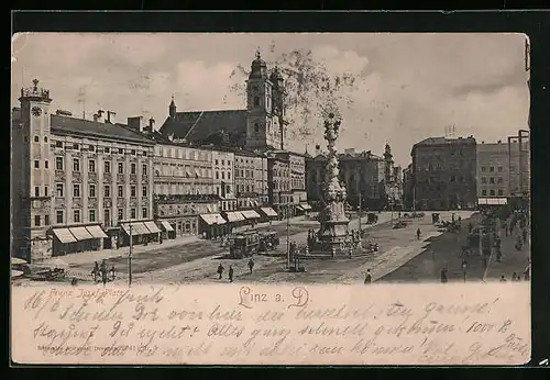 AK Linz a. D., Franz Josef-Platz mit Denkmal und Strassenbahn