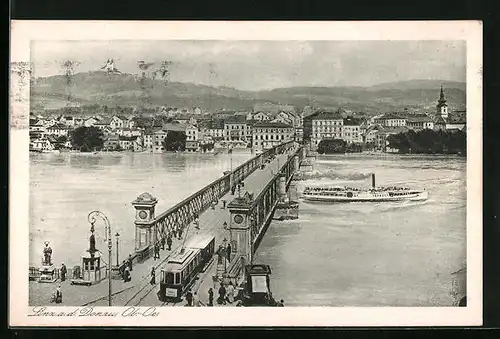 AK Linz a. d. Donau, Teilansicht und Brücke mit Strassenbahn